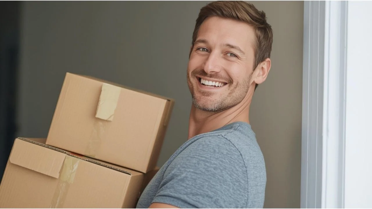 Chico sonriente cargando cajas