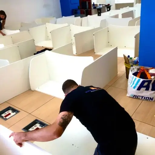 Mudanzas corporativa operarios desmontando muebles